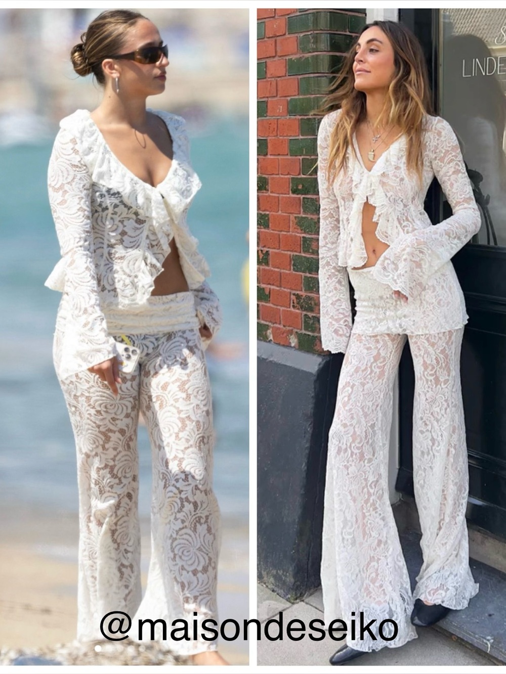 SET Insomnia Studio White Lace Ruffle Top and Foldover Flare Pants size XS/S